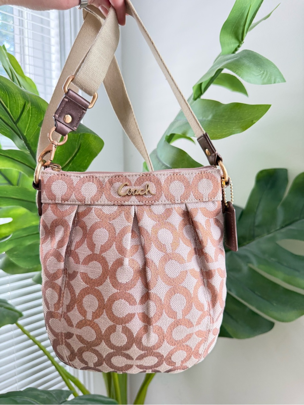 Coach Op Art Canvas Crossbody Shouder Swing Bag Rose Gold Small Purse Metalic